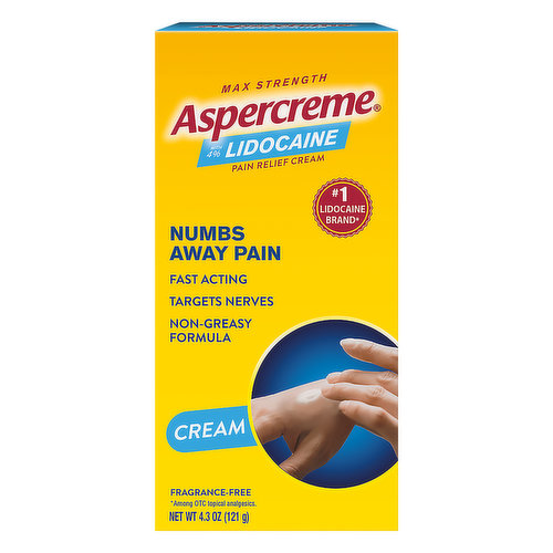 With 4% Lidocaine. No. 1 lidocaine brand (Among OTC topical analgesics). Numbs away pain. Fast acting. Targets nerves. Non-greasy formula. Fragrance-free. Targeted pain relief. Back, neck & shoulder. Knee & elbow. Hand & wrist. Foot, ankle & leg. www.aspercreme.com. Recyclable carton.