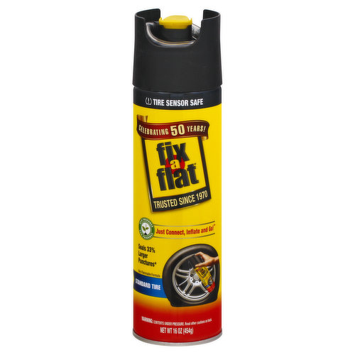 Tire sensor safe. Celebrating 50 years! Trusted since 1970. Just connect, inflate and go! Seals 33% larger punctures (Compared to previous Fix-a-Flat formula). Non-flammable formula. Repairs and inflates in seconds. Seals up to 1/4 in punctures. No jack or tools required. Easy and safe to use. Recommended for: subcompact; sedan; compact; wagon. Warranty information. www.fixaflat.com/warranty. www.fixaflat.com. Facebook. Twitter. YouTube. Questions or comments? Call 1-888-457-5463. Eco friendly. Blended and canned in USA.