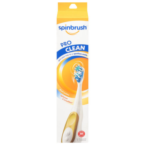 Spin your way to a spotless smile. Dual action. Spinner & scrubber. Medium bristles. Kiss your plaque goodbye with Spinbrush Pro Clean! It's a chore no more! Color wear bristle technology. Removes more plaque (in hard to reach places vs. manual brush). Dentist recommended. Brush Head is Replaceable: Color-Wear bristles fade when you're running out of spins. Replace brush head every 3 months & keep your handle to save money and plastic with refill packs. Ergonomic Design: SoftSwitch power buttons are simpler to turn on and help to prevent water from getting inside your brush. Batteries included & replaceable when your brush stops spinning, replace with 2 new AA alkaline batteries only. Powered by Duracell. Not tested on animals.
