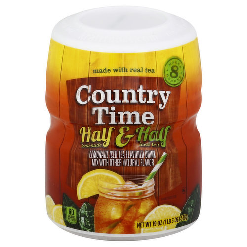 Makes 8 quarts. Lemonade iced tea flavored drink mix with other natural flavor. Made with real tea. 60 calories per 1/8 cap. kraftfoods.com. Real help in real time. Easy measure cap. Rounded top inside makes pouring easy! Twist to remove cap. Enjoy the great taste of summertime with the good old fashioned refreshment of Country Time Lemonade. Cool and refreshing - not too tart and not too sweet. And did you know that Country Time Lemonade has no artificial sweeteners, or flavors? So go ahead and take time for summer's simple pleasures, mix up a pitcher and enjoy! Alex's Lemonade Stand: Foundation for childhood cancer. Country Time is a proud supporter of Alex's Lemonade Stand Foundation. Country Time donates annually to Alex's Lemonade Stand Foundation to support their mission of curing childhood cancer. Learn more at CountryTime.com. Gluten free. Contains 10 mg of caffeine per serving: 85% less than brewed coffee. No artificial sweeteners or flavors. Visit Us at: countrytime.com. 1-800-431-1002. Please have package available. Please refer to code numbers stamped on canister with all contacts.