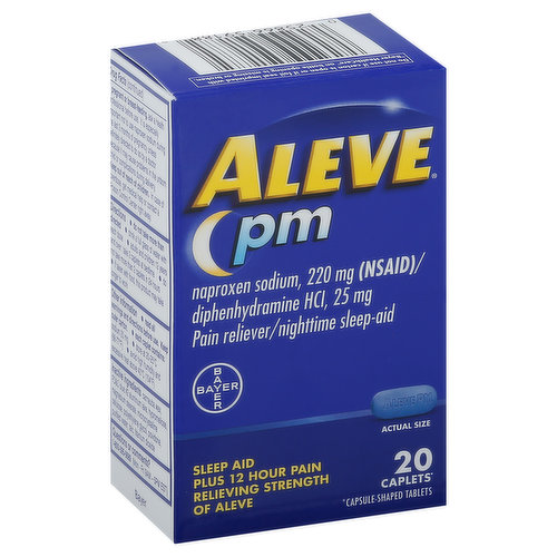 In Each Caplet: Other Information: Read all warnings and directions before use. Keep outer carton. Each caplet contains: Sodium 20 mg. Store at 20-25 degrees C (68-77 degrees F). Avoid high humidity and excessive heat above 40 degrees C (104 degrees F). 20 caplets (Capsule-shaped tablets). Naproxen sodium, 220 mg (NSAID)/ diphenhydramine HCL, 25 mg pain reliever/nighttime sleep-aid. Sleep aid. Plus 12 hour pain relieving strength of Aleve. Questions or comments? 1-800-395-0689 (Mon-Fri 9 am - 5 om EST). Made in Germany.
