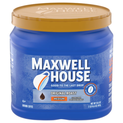 Maxwell House Original Roast Ground Coffee has a consistent signature taste that is good to the last drop. This rich and classic original roast coffee is exceptionally smooth and aromatic and is the perfect start to your day. Made with 100% pure coffee, this medium roast coffee is great served black or with cream and sugar. Brew a pot of this Kosher coffee in any drip coffee maker. The 30.6-ounce resealable canister of ground coffee locks in flavor in between uses. From lively light roasts to full bodied dark blends, Maxwell House's signature taste is created through a process that isn't done the easy way, but the right way, for 125 years.