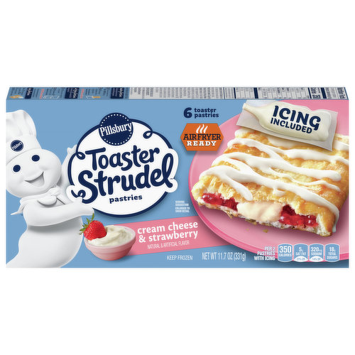 Pillsbury Cream Cheese and Strawberry Toaster Strudels are a fun, convenient and sweet part of breakfast! With every bite of these pastries you'll taste a flaky crust, gooey strawberry and cream cheese-flavored filling and creamy icing. Toaster Strudels are the answer to your on-the-go breakfast needs. Their size, shape and simple cooking instructions make them the perfect option for a quick bite on the way to work, school and more! Easily store Pillsbury Toaster Strudels in the freezer and prepare in minutes in the toaster, oven, or they can even be made in an air fryer!Starting with a few flour mills on the banks of the Mississippi River in 1869, Pillsbury has been helping families make memories through food for over 150 years. We strive to make homemade moments extra special through our products and recipes, which help make cooking and baking easy, affordable and convenient for even the busiest families. 