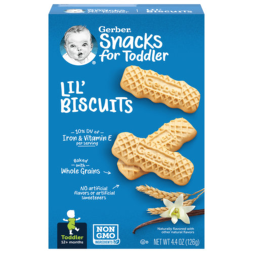 Baked with whole grains. Make every little bite count! The goodness of whole grains. Gerber Snacks for Toddler accompany every step of toddler's journey at home or on the go. Gerber Lil' Biscuits give your little one 2 g of whole grains and 10% daily value of Iron and Vitamin E in every serving, making snacktime fun and nutritious. Just goodness: no artificial flavors, no artificial sweeteners, no artificial colors. Easy to hold great for self-feeding. Toddler 12+ Months: Your toddler may be ready for Lir Biscuits if they: stand alone and begin to walk alone; feed self easily with fingers; bite through a variety of textures. This package is sold by weight, not by volume, and may not appear full due to settling of contents.