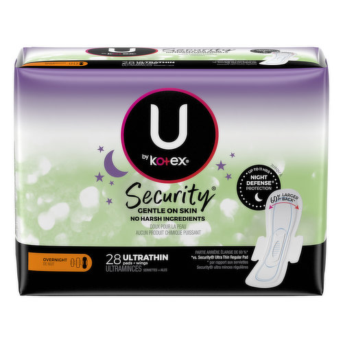 Rest easy tonight with a pad that’s designed for you: the U by Kotex Clean & Secure Ultra Thin Overnight Pads with Wings. These feminine pads are crafted with an elevated CushionCore that fits close to your body and absorbs instantly for up to 100% leak-free protection. They also feature a 60% larger back* that absorbs instantly for up to 12 hours of overnight protection, so you can sleep comfortably in any position. Tough on leaks but gentle on skin, these sanitary pads are made with a cottony, soft-touch cover for extra comfort. These pads with wings are hypoallergenic, dermatologist-tested and made without fragrances, lotions, elemental chlorine, pesticides and natural rubber latex. With U by Kotex Clean & Secure Ultra Thin Period Pads with Wings, you can focus on getting a good night's rest, and not on your period. For daytime period protection, try U by Kotex Clean & Secure Ultra Thin Pads. U by Kotex feminine products are FSA/HSA/HRA-eligible in the US. Packaging may vary from images shown. (*vs. U by Kotex Clean & Secure Ultra Thin Regular Pad)