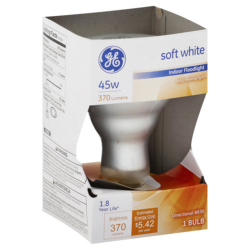Brightness Quality: 370 Lumens. Energy Info: $5.42 based on 3 hrs/day, 11 cents kWh. Cost depends on rates and use. 45 Watts. Package Info: 1 Bulb Info: Indoor Is Flood Light Bulb Life: 1.8 Years based on 3 hrs/day. Bulb Appearance: 2600 Kelvins. Misc: Directional BR30. Cozy, relaxing light. 45W. 370 lumens. 1.8 year life (Based on 3 hours use per day). Brightness: 370 lumens. Estimated Energy Cost: $5.42 per year. Flood. Let GE Show You What Light Can Do: From light that lets you see every detail to light that helps you connect with family and friends, from vibrant to gentle - GE’s new home lighting solutions make it easy to find the right light for your home. Use original Soft White from GE when you need a light without glare and harsh shadows. Replace ordinary light bulbs with flood and spotlight bulbs from GE in all your track and recessed lighting fixtures. Floodlights from GE cast a wider beam that adds drama to fireplaces, kitchen counters and entryways. Visit us on the internet - www.GELighting.com; 800-GE-Light. Made in China.