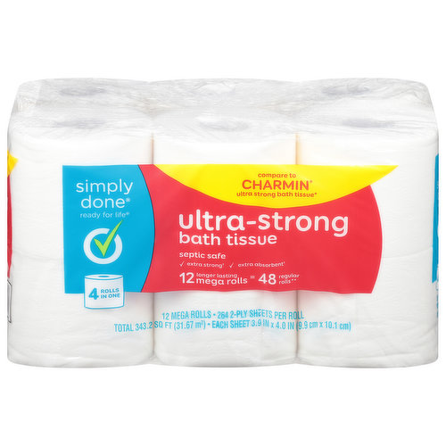 Ready for life. Compare to Charmin Ultra Strong Bath Tissue (This product is not manufactured or distributed by Procter & Gamble, owner of the registered trademark Charmin Ultra Strong). Septic safe. Extra strong (Versus the leading 1-ply brand). Extra absorbent (Versus the leading 1-ply brand). 4 rolls in one. 12 longer lasting mega rolls = 48 regular rolls (Based on number of sheets). Full of extras, this bath tissue is anything but basic. Our ultra-strong bath tissue is extra strong, extra absorbent, and gives your family the kind of extra clean they expect in a single wipe. Get national brand strength for less with ultra-strong bath tissue from Simply Done. Safe for standard septic systems. FSC: Mix - Paper from responsible sources. www.fsc.org.