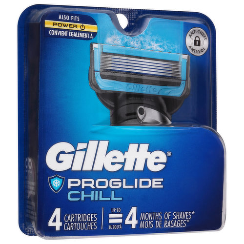 Up to 4 months of shaves (per pack). 5 anti-friction blades. Precision trimmer. Lubrication before and after the blades. Cools while you shave. Fits all Gillette Proglide razors. The best a man can get. Terracyle: Visit terracycle.com/gillette to recycle used blades, razors, and packaging.