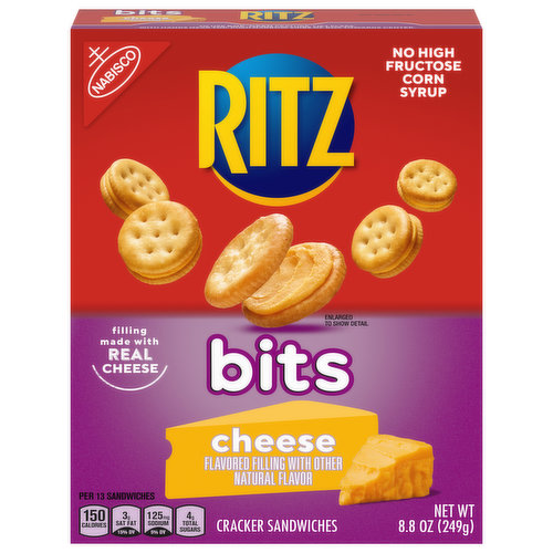 RITZ Bits Cheese Sandwich Crackers are bite-size snacks that layer a mouthwatering cheese spread between two tiny, crisp RITZ Bits crackers. These cracker sandwiches are made with real cheese and contain no high fructose corn syrup, so grab a handful any time you're craving cheese and crackers. Pack some of these snack packs in your lunch for a special treat, keep them at your desk for an easy snack, or stow a handful of these mini crackers in your backpack for a quick bite on your next long hike. Each box contains 8.8 ounces of RITZ Bits crackers.