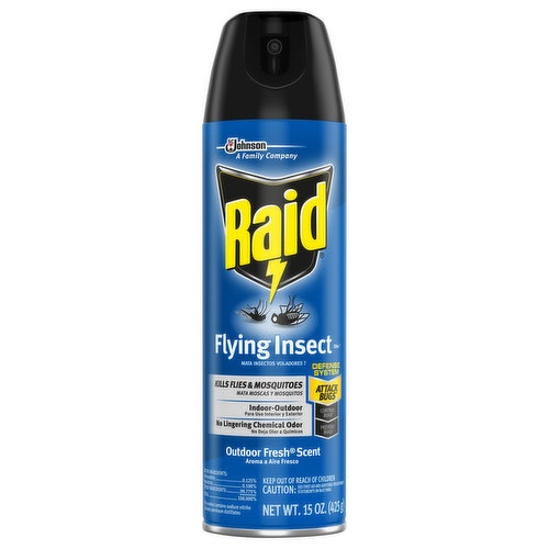 Kills flies & mosquitoes. Indoor-outdoor. No lingering chemical odor. Defense System: Attack Bugs (Use indoors or outdoors to kill flies, mosquitoes, and other listed bugs on contact. To kill multiple indoor flying bugs, spray until room is thoroughly misted and mist will kill bugs. To kill just one or two stray wasps or hornets indoors, spray them directly); Control Bugs (For heavy infestations, first use a Raid Fogger or Fumigator product. Read the label to find the right product for your bug problem); Prevent Bugs: (Use a Raid Max Bug Barrier product outdoors where flying bugs may land or enter to keep bugs out. Or, spray this product around window and door frames and any other areas where bugs may rest such as under eaves, near porches, and around light fixtures, cords, and railings. Do not spray surfaces with more than one pest control product. Read the label to find the right product for your bug problem). Defense System: Helps you work smarter, not harder, to fight bugs. Use This Product To: Attack Bugs: Kill bugs on contact. Use Other Raid Products To: Control Bugs: Kill bugs at the source. Prevent Bugs: Keep bugs out. Kills: Asian Lady Beetles; Boxelder Bugs; Flies; Fruit Flies; Non-biting Gnats Hornets; Mosquitoes Small Flying Moths; Wasps; Yellow Jackets. raidkillsbugs.com. raid.com. Visit raidkillsbugs.com to identify your bug and best treatment plan. Questions? Comments? Call 800-558-5252 or write Helen Johnson. Federal regulations prohibit CFC propellants in aerosols. Contains No CFCs or other ozone depleting substances.