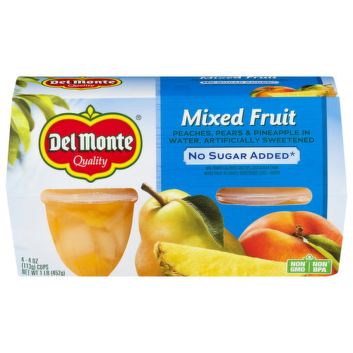 Peaches, pears & pineapple in water, artificially sweetened. NSA mixed fruit 45 calories, 5 g sugar per serving; mixed fruit in lightly sweetened juice + water 70 calories, 15 g sugar per serving. No sugar added. 30% fewer calories and 65% less sugar than mixed fruit in lightly sweetened juice + water. Not a low calorie food - see nutrition information for sugar and calorie content. Non GMO (Ingredients of the types used in this product are not genetically modified). Serving up our garden's best. Sun-sweetened goodness. sweet peaches, juicy pears and succulent pineapple are grown in the best soils and blended together in this delicious fruit medley. Tasty nutrition-with no added sugar packed to capture the delicious flavor and nutrients your family craves. simply delicious, with no added sugar. Delicious to go. For breakfast, on-the-go, or as a lunchbox favorite-a healthy way to add a little sweetness to your day.  www.delmonte.com. Facebook. For recipes, contests and conversations, find us on facebook.com/delmonte or visit us at www.delmonte.com. Questions or Comments? Call 1-800-543-3090 (Mon - Fri). Try our other delicious varieties: Diced peaches (no sugar added). Mandarin oranges (no sugar added). Diced pears (no sugar added). Non BPA (Packaging produced without the intentional addition of BPA). Please recycle. Peaches product of USA, Greece and China. Pears product of USA. Pineapple product of the Philippines, Thailand and Indonesia.