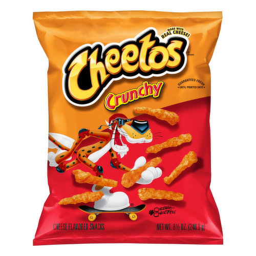Cheese flavored snacks. Gluten free. Made with real cheese. Chester cheetah. fritolay.com. Connect with Chester Cheetah: Facebook: facebook.com/cheetos. Twitter: (at)ChesterCheetah. Instagram: (at)Cheetos. Questions or comments? 1-800-352-4477 Mon-Fri 9:00 am to 4:30 pm CT / Email or chat fritolay.com.
