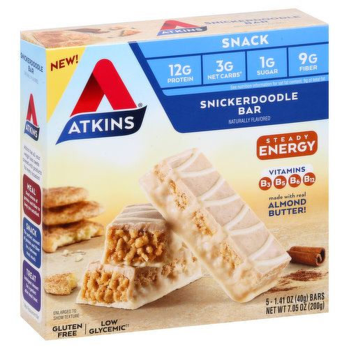 Atkins™ Snickerdoodle Snack Bars are chewy and satisfying and have the hard-to-resist flavor of cinnamon that you love. This
low sugar*, low carb* snack bar is the perfect choice for when you’re on the go, short on time, or just want the comforting taste of
snickerdoodle to get you through the day. These keto friendly* bars are rich in fiber* and have 12g of protein, 3g of net carbs and
1g of sugar per serving*.