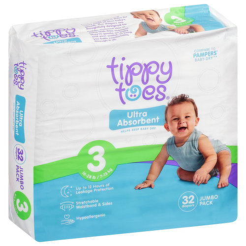 Tippy Toes Diapers, Size 3 (16-28 lb), Jumbo Pack - Brookshire's
