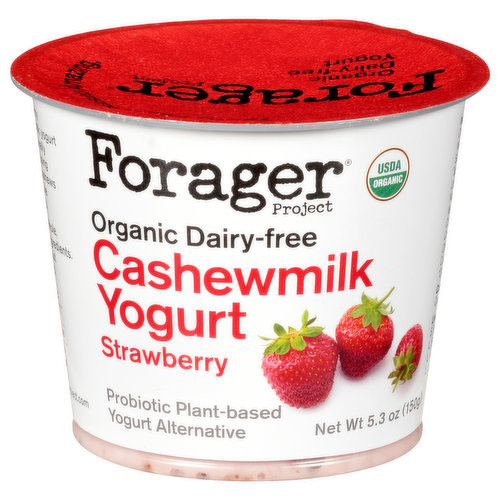 Probiotic plant-based yogurt alternative. Dairy-free. USDA Organic. Certified vegan. vegan.org.  Gluten & soy free. Certified Organic by CCOF. Certified CCOF Organic. Non-GMO & more. Our creamy cashewmilk yogurt is traditionally cultured using organic cashews & live active probiotics. Simple. Whole, organic ingredients. Think about your food. Probiotic. Taste pant-based amazing. foragerproject.com. Tear. Separate. Recycle.