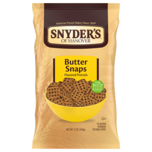 America's pretzel bakery since 1909. Made in a facility that does not process peanuts. They're buttery! They're crunchy! They're flavorful! Just what you expect from a Snyder's of Hanover Butter Snaps pretzel. Perfect on their own or with a hazelnut spread for a tasty snack - so many ways to enjoy. Starting with a century old family recipe and only the finest ingredients, each pretzel is slow baked to perfection.