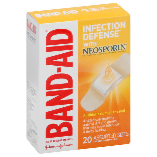 10 - 1 in x 3 in (2.5 cm x 7.6 cm). 10 - 3/4 in x 3 in (1.9 cm x 7.6 cm). With Neosporin. Bacitracin zinc-polymyxin b sulfate antibiotic. Antibiotic right on pad. 4-sided seal protects against dirt and germs that may cause infection & delay healing. Protects from infection for good, clean fun. Neosporin right on the pad helps prevent infection. Mess-free protection. 4-sided seal protects against dirt and germs that may delay healing. The makers of Band-Aid brand adhesive bandages do not manufacture store brand products. Sterile unless individual wrapper is opened or damaged. Heals the hurt faster. Covering wounds can help protect you against dirt and germs that may cause infection. Trusted protection for your healing wounds. Not made with natural rubber latex. Indication: First aid to help prevent infection in minor cuts, scrapes, and burns. No. 1 doctor recommended brand. www.band-aid.com. 866-565-2873; Outside US, dial collect 215-273-8755. Care to recycle. Made in Brazil.