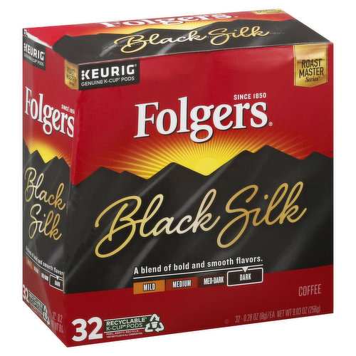 Since 1850. A blend of bold and smooth flavors. Enjoy the trusted taste of Folgers spend more time enjoying your favorite cup of Folgers coffee with our Keurig K-cup pods. Rich, pure flavor and classic aroma you love, conveniently brewed with the touch of a button. It's the perfect way to start your day. Only Genuine K-Cup Pods are optimally designed by Keurig for your Keurig coffee maker to deliver the perfect beverage in every cup. To learn more, visit Keurig.com/Genuine K-CupPod. Roast Master Series: A select line of exceptional coffee blends carefully crafted by our experienced Roast Masters. Folgers Black Silk delivers bold, smooth flavor that's distinctively dark and sure to satisfy. Discover the unique depths of Folgers Black Silk in every cup. 100% pure coffee. folgers.com. www.Keurig.com. how2recycle.info. For more information about The Folger Coffee Company products contact: The Folger Company Company Orrville, OH 44667 USA 1-800-937-9745 / folgers.com. For brewer inquiries contact: Keurig Green Mountain, Inc. 1-866-901-Brew / 1-866-901-2739 www.Keurig.com. Find us on Facebook.com/Keurig or Twitter.com/Keurig. This carton is made with recycled material. Recyclable (Not recycled in all communities) K-cup pods. Peel, empty, recycle. Peel: Starting at puncture, peel lid and dispose. Empty: Compost or dispose of grounds (Filter can remain). Recycle: Check locally (Not recycled in all communities) to recycle empty cup. Visit Keurig.com/recyclable to learn more. Please recycle.