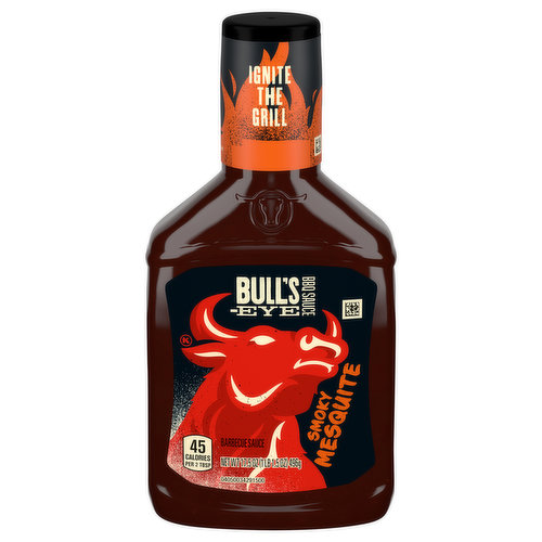 45 calories per 2 tbsp. Ignite the grill. This is Bull's-Eye bbq sauce. Our boldest brew, with a strong mesquite heat that's never too sweet. bullseyebbq.com. Scan for more food information. Questions/Comments? Call 1-800-847-1997 for more food information or visit us at: bullseyebbq.com Bull's Eye Texas Style Barbecue Sauce adds big, bold barbecue flavor to almost anything. Bursting with tangy vinegar, spice and the perfect amount of heat, this Texas barbecue sauce delivers mouthwatering flavor in every bite. This BBQ sauce is thick enough for spreading or dipping, and it makes a great rib sauce or meat marinade for your next outdoor barbecue. With 45 calories per serving, youll feel good about adding this versatile BBQ sauce to all your favorite appetizers and entrees. Try using it on BBQ sandwiches, as a brisket sauce or in your favorite BBQ chicken recipe. This Texas BBQ sauce is packaged in a squeezable 17.5 ounce bottle to preserve flavor.