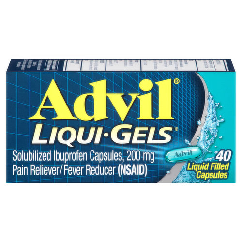 Advil Liqui-Gels provide fast liquid relief, right where you need it most. These liquid-filled capsules get to work in only minutes for powerful relief of headaches, backaches, muscle aches, toothaches, minor arthritis and other joint pain, and aches and pains of the common cold. Advil Liqui-Gels fight pain at the site of inflammation. This pain medication and fever reducer is designed for fast absorption, providing hours of pain relief. Each capsule contains ibuprofen 200mg, a non-steroidal anti-inflammatory drug (NSAID) that is already dissolved, for headache relief, backache relief, menstrual pain relief, joint pain relief and minor arthritis pain relief. More people turn to Advil Liqui-Gels for fast relief than any other liquid-filled pain reliever. Nothing works faster than Advil Liqui-Gels to relieve pain.*
*Among non-prescription analgesics