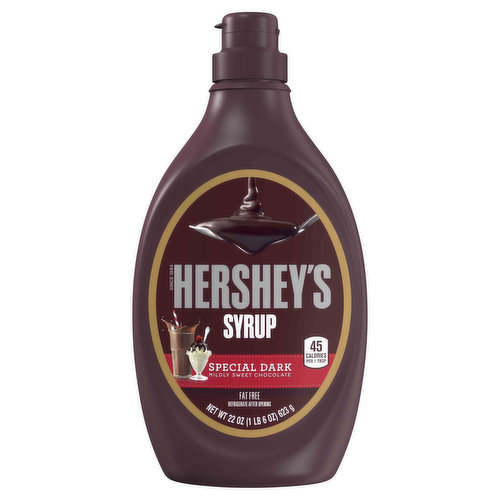 Whether you drizzle or douse desserts with it, HERSHEY'S SPECIAL DARK Mildly Sweet Chocolate Syrup adds decadently delicious dark chocolate flavor to any treat! Perfect for ice cream, desserts, beverages, and more. Genuine dark chocolate flavor. Delicious option for dark-chocolate lovers. Gluten-free and kosher syrup.