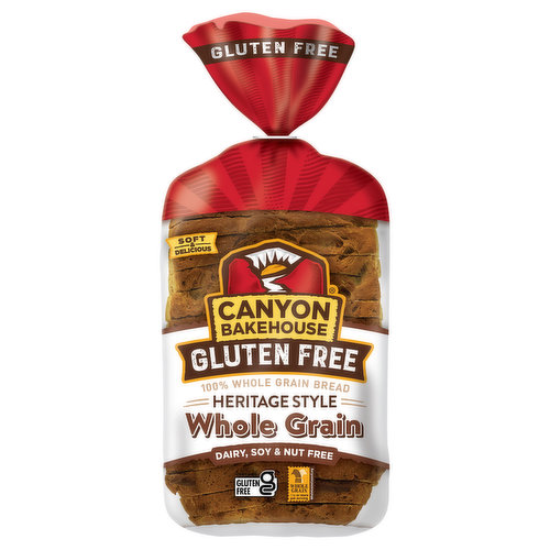 Make your sandwiches bigger and bolder with Canyon Bakehouse Gluten Free Heritage Style Whole Grain Sandwich Bread. This large-sliced bread includes hearty grains and is ready for your greatest sandwich creations. Don't compromise taste or quality with 100% whole grain bread loaf that is certified gluten free, dairy-free, nut-free and soy-free, so your family can enjoy that bakery bread taste without hesitation. Find Canyon Bakehouse White Bread in the freezer aisle and eat fresh out of the bag for 7-10 days or store in your freezer for up to 3 months. You'll need both hands to enjoy breakfast toast or lunchbox sandwich with these large bread slices. Stock your pantry with all the Canyon Bakehouse gluten free products, including gluten free bagels, English muffins, hamburger buns and more.For more than 10 years, Canyon Bakehouse has raised the bar on gluten free baking, making delicious offerings the whole family will enjoy -- so everyone can Love Bread Again.
