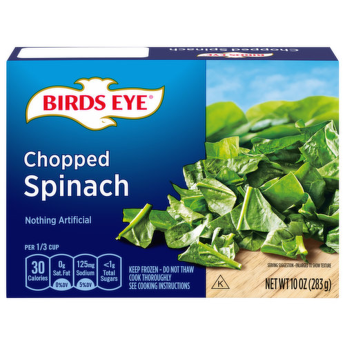 Per 1/3 Cup: 30 calories; 0 g sat. fat (0% DV); 125 mg sodium (5% DV); less than 1 g total sugars. Nothing artificial. www.birdeyefoods.com. how2recycle.info. SmartLabel: Scan or call 1-888-327-9060 for more food information. Questions or comments, visit us at www.birdseye.com or call Mon.-Fri., 1-888-327-9060 (except national holiday). Please have entire package available when you call so we may gather information off the label.