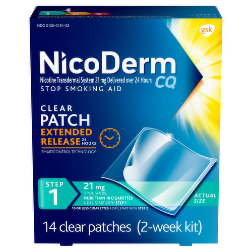 Step 1 NicoDerm CQ Nicotine Patches to Stop Smoking offer a low-maintenance option to help you adjust to life as a non-smoker. Made with Extended Release SmartControl Technology, these smoking cessation patches are nicotine replacement products that release a steady flow of therapeutic nicotine for 16 to 24 hours, preventing the urge to smoke and relieving the anxiety, frustration, irritability and restlessness associated with quitting. These quit smoking aids come with a thin, clear backing and stick to your skin like an adhesive bandage, making them discreet and easy to apply. If you smoke more than 10 cigarettes a day, increase your chances of success by starting with these 21mg nicotine patches as your OTC nicotine replacement therapy, and complete the 10-week quit program with behavioral support. Take control of your quit with NicoDerm CQ Nicotine Patches to Stop Smoking.
