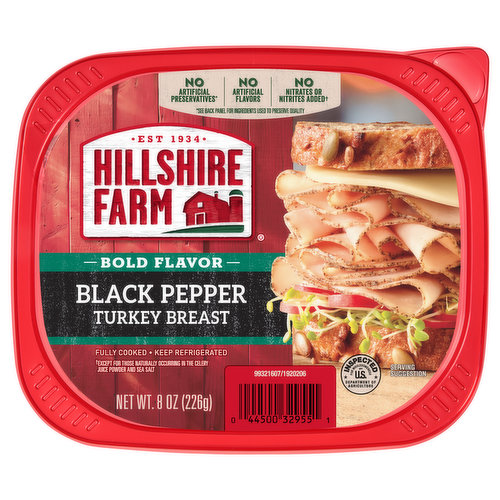 Give your lunch a bold kick with turkey spiced with rich cracked pepper. Made with perfectly seasoned, slow roasted turkey and no artificial flavors, Hillshire Farm® Bold Flavor Deli Lunch Meat, Black Pepper Turkey Breast is juicy, flavorful, and 98% fat-free. Fully cooked and ready-to-eat, simply serve with provolone cheese, sliced red onion and sprouts on toasted whole grain bread for a delicious deli-style sandwich. Includes one 8 oz double-sealed package for absolute freshness. At Hillshire Farm brand, we know that quality is always the most important ingredient, and we believe that anything worth doing is worth doing right. We slow-roast our deli meats for hours so they are mouthwatering and tender, and we season them until they taste just right. No matter where our future takes us, you can be sure you'll always taste our passion for farmhouse quality.