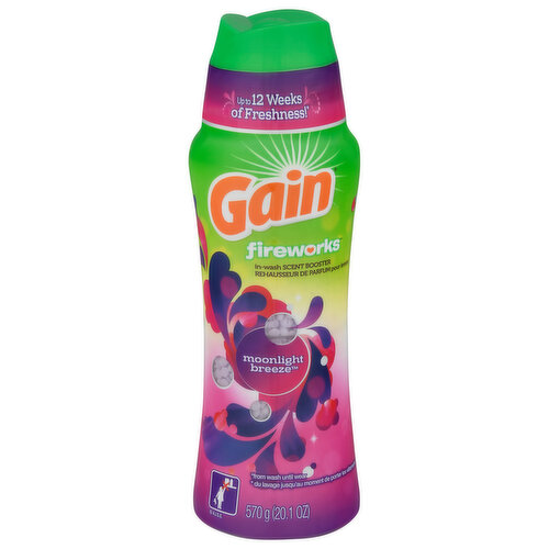 Up to 12 weeks of freshness! (from wash until wear). Gain Fireworks go directly into the washer to give a fresh scent boost. Safe for all colors, fabrics and loads. Great for active wear and towels. HE compatible. Cut and remove label to recycle.