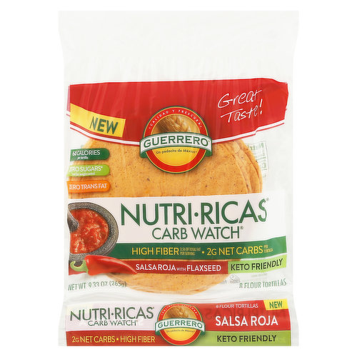 New. Great taste! Nutri-Ricas. Carb Watch. Great authentic taste & only 2 g net carbs! Guerrero wants to help you enjoy the good life while making better choices for you and your family. These tortillas are: only 2 g of net carbs, high in fiber, made with flaxseed, keto friendly. The best part? It gives you delicious, authentic taste that brings A little piece of Mexico to your table.