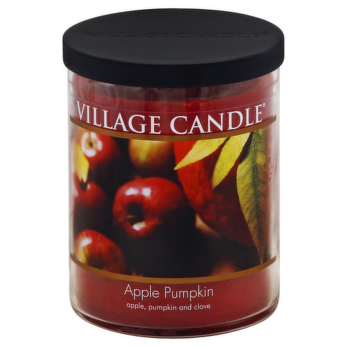 18 fl oz. Apple, pumpkin and clove. Approx. burn time is up to 85 hours. www.villagecandle.com. Made in Wells, Maine USA.
