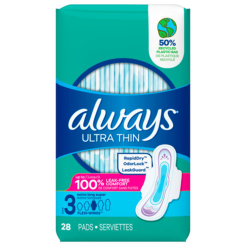Always Pads, Ultra Thin, Flexi-Wings, Extra Long Super, Size 3