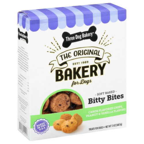 Calorie Count (Calculated): 3900 kcal ME/kg; 34 kcal ME/treat. Carob flavored chips, peanut & vanilla flavors. No artificial flavors. The original bakery. Est. 1989. Real ingredients. These treats are intended as a snack or reward and are not formulated to serve as a complete and balanced meal. A taste of the bakery in every treat: Crafted with love & real ingredients: At Three Dog Bakery, we believe dogs are family and deserve the very best. For over 30 years, our pastry chefs have put the magic of dogged devotion into every fresh baked treat they make. It doesn't matter if you and your pup are heading off on a pawsome adventure or planning a gotcha day party, when you give one of our treats it turns an ordinary moment into something special!. www.threedog.com. Facebook. Instagram. Twitter. See what’s baking at: www.threedog.com. Carton made with 100% recycled, 35% post-consumer waste. Please recycle and reduce your paw print. Baked in the USA.