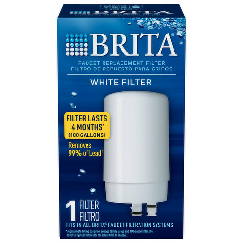Filter lasts 4 months (Approximate timing based on average family usage and 100-gallon filter life. Refer to system's indicator for actual time to change) (100 gallons). Removes 99% of lead (The contaminants or other substances removed or reduced by this water treatment device are not necessarily in all users' water). 1-Click Filter Replacement: Fits in all Brita faucet filtration systems. New filter snaps on in one quick step. See user's guide for easy replacement tips. Get to the good stuff - what we filter out. The Brita faucet filtration system reduces the following impurities that may be in your tap water: Heavy Metals: Lead. Taste and Odor: Chlorine. Disinfection By-Products: Total Trihalomethanes (TTHMs). Particulates: Particulate. Industrial Pollutants: Asbestos, benzene, carbon tetrachloride, chlorobenzene, o-Dichlorobenzene, ethylbenzene, styrene, tetrachloroethylene, toluene, trichloroethylene, volatile organic chemicals (VOCs). Pesticides and Herbicides: 2,4-D, alachlor, atrazine, carbofuran, chlordane, endrin, lindane, methoxyclor, simazine, toxaphene. Pharmaceuticals: Estrone, ibuprofen, naproxen, phenytoin. Industrial Chemicals: Bisphenol A (BPA), nonyl phenol. Change Filter as Directed: Filter replacement is essential for product to perform as presented. Model FF-100: Filter lasts for 100 gallons (378 l) (Filter life may vary depending on local water conditions) or 4 months, whichever comes first. Model SAFF-100: Filter lasts for 100 gallons (378 l) (Filter life may vary depending on local water conditions. Keeps a healthy level of fluoride, a water additive that promotes strong teeth (applies to fluoridated municipal tap water). Get More with Brita: With filter reminders tailored to you, we make remembering to change your filter effortless. Visit brita.com/reminders. You even have the opportunity to earn prizes, coupons and more through our loyalty program, Brita Rewards.