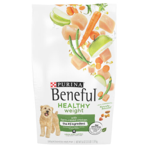 Give your dog dry food with the wholesome goodness they crave while keeping an eye on their weight with Purina Beneful Healthy Weight Dry Dog Food With Farm-Raised Chicken adult dog food. Great tasting with no artificial preservatives or flavors and added colors only from natural sources, this weight management dog food delivers calorie-smart nutrition. Real U.S. farm-raised chicken is the number 1 ingredient in this protein formula and each cup contains 25 grams of protein for dogs to give your dog muscle support to help keep them ready for the dog park. With 10 percent fewer calories than Purina Beneful Originals With Farm-Raised Beef, this weight management dog food formula also contains no potatoes. Your dog gets 23 essential vitamins for dogs and minerals in each serving to support overall health, plus accents of real apples, carrots and green beans. Show your dog you love them by serving Purina Beneful Healthy Weight Dry Dog Food With Farm-Raised Chicken for 100 percent complete and balanced nutrition.