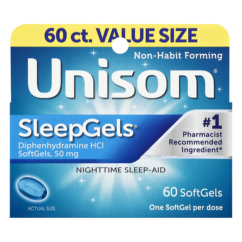 Diphenhydramine HCl softgels, 50 mg. Non-habit forming. No. 1 Pharmacist recommended ingredients (Pharmacy Times - 2014 OTC Survey). After a stressful day, every minute of sleep matters. After all, a restful night's sleep is important to your overall health. Unisom SleepGels contains the No.1 Pharmacist recommended sleep-aid ingredient (Pharmacy Times - 2014 OTC Survey) so you can fall asleep fast, sleep through the night, and wake refreshed. SleepGels are also non-habit forming. www.Unisom.com.