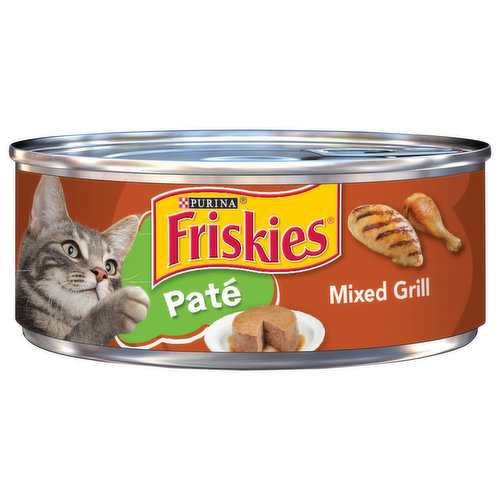 Indulge your cat's love of savory goodness with Purina Friskies Pate Mixed Grill wet cat food. The classic chicken and liver flavors make this recipe an instant hit with your cat companion, and the smooth pate invites her to nibble her way to the bottom of her dish. Featuring an enticing aroma, this tempting wet cat food guides her to her dish every time you open a can. With all this goodness packed into every serving, this entree is sure to have your cat purring for more. Let her delight in every scrumptious bite, and rest easy knowing she's getting 100 percent complete and balanced nutrition for adult cats. This means that your cat can savor this recipe throughout every stage of her happy adulthood. Make this Purina Friskies Classic Pate part of your cat's daily diet, and show her just how much she means to you and your entire family.