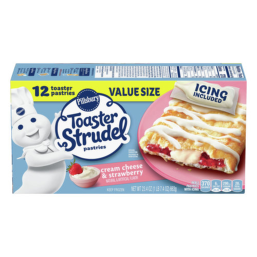 Natural & artificial flavor. Per 2 Pastries with Icing: 370 calories; 6 g sat fat (30% DV); 290 mg sodium (13% DV); 20 g total sugars. Contains bioengineered food ingredients.  Icing included. www.ToastedStrudel.com. how2recycle.info. Generalmills.com. Questions? Comments? Save package and visit us on our website or call at 800-949-3990. Box Tops for Education. No more clipping. Scan your receipt. See how at btfe.com.