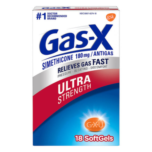 Gas-X Ultra Strength Gas Relief Softgels with Simethicone 180 mg deliver fast relief of gas pressure, bloating and discomfort. These ultra strength simethicone softgels go to work in minutes, rescuing you from embarrassing situations and helping you get back to feeling like yourself. Gas-X uses 180 mg simethicone to break up gas bubbles in your stomach and intestines. Once this trapped gas is broken down, your body can deal with the gas properly. These fast gas relief pills come in convenient softgels, making them portable and easy to swallow. Adults and children 12 years of age and older may take one or two simethicone 180 mg softgels as needed, not to exceed two softgels in 24 hours unless directed by a doctor. Trust Gas-X, the #1 doctor recommended OTC anti-gas product.*
*ProVoice Survey fielded from March 1, 2020 to February 28, 2021, and recording recommendations for OTC Anti-Gas products