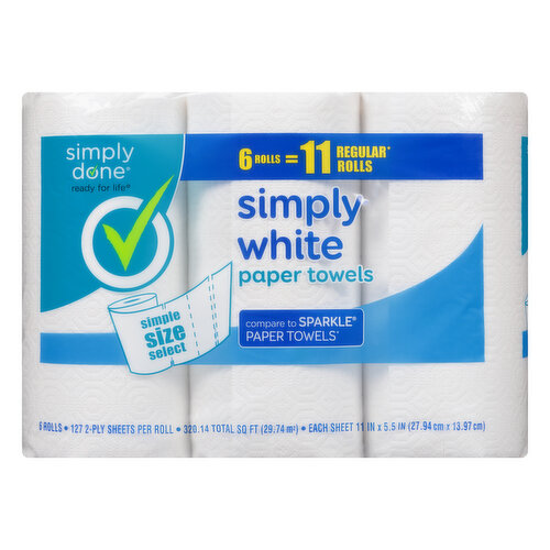 127 2-ply sheets per roll 320.14 total sq. ft (29.74 sq m) each sheet 11 in x 5.5 in (27.94 cm x 13.97 cm). 6 rolls = 11 regular (Based on regular with 69 sheets) rolls. Ready for life. Compare to sparkle paper towels (Sparkle Paper Towel is a registered of Georgia-Pacific Consumer Products LP. This product is not manufactured by distributed by or affiliated with Georgia-Pacific Consumer Products LP). Dust-disappears! Pet puddles - picked right up! From dusty mirrors to muddy paw prints, be ready to make every day messes sparkling clean with Simply Done. Quality Guarantee: If you are not 100% satisfied, return our products for a full refund. www.besimplydone.com. Scan for more food information or call 1-888-423-0139.