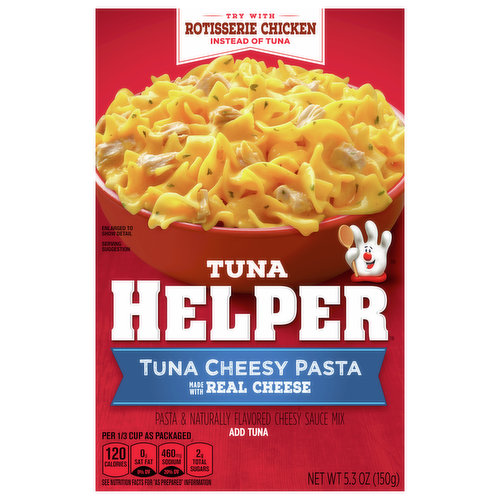 Tuna Cheesy Pasta Tuna Helper is made with REAL cheese for the real taste you love most. Our products are made with NO colors from artificial sources. Add Your Own Twist! Turn up the flavor by adding minced garlic just before simmering.  Just before serving, top with cooked, crumbled bacon and chopped parsley.