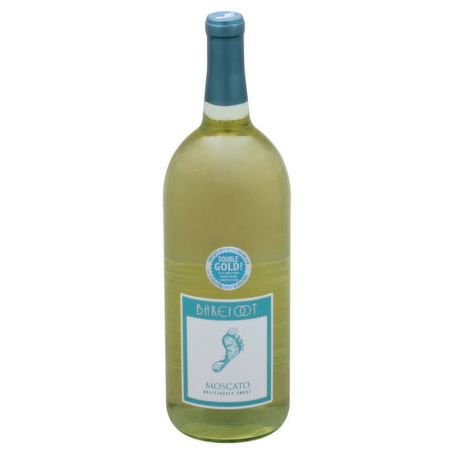 Deliciously sweet. Barefoot Moscato is a sweet wine with delicious mouth-watering flavors of juicy peach and apricot. Hints of lemon and orange citrus complement a crisp, refreshing finish. Barefoot Moscato is perfect with spicy Asian cuisine, light desserts, fresh fruit, and mild cheeses. Tasty! Barefoot supports the efforts of organizations that help keep America's beaches Barefoot friendly. Get Barefoot and have a great time! Barefoot's Moscato Blends have won Double gold! 2014 New York World Wine Competition. Consistent quality, proven value. White wine. barefootwine.com. Alc 9% by vol. Vinted and bottled by Barefoot Cellars, Modesto, CA 95354.