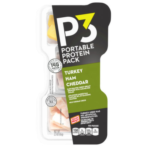 Oscar Mayer P3 Turkey, Ham and Cheddar Portable Protein Packs shake up your snacking routine with a deliciously convenient protein snack pack. Each pack contains snack-sized portions of slow roasted turkey breast, ham, and cheddar cheese. P3 is an excellent source of protein, with 14 grams per serving. Ready to eat right from the fridge, these individual protein snacks are a delicious source of energy when you need a boost. The 2.3 ounce portable tray is easy to open when you are on-the-go. P3 Portable Protein Packs are the more interesting way to get your protein.