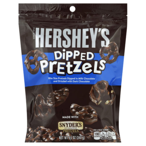 Bite size pretzels dipped in milk chocolate and drizzled with dark chocolate. Made with Snyder's of Hanover pretzels. Per 8 Piece Serving: 190 calories; 5 g sat fat (26% DV); 130 mg sodium (5% DV); 15 g sugars. Since 1894. Bite size Snyder’s of Hanover Pretzels are dipped in rich Hershey's Milk Chocolate and drizzled with Hershey's Special Dark Chocolate. Grab a handful and get snacking! Questions or comments? www.askhershey.com or 800-468-1714.