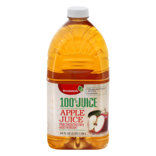 From concentrate with added ingredients. 90% Daily value of vitamin C per serving. Unsweetened. Apple Juice: A Single sip will tell you Brookshire’s juice is simply the best. Serve and savor with a smile and a nod to nature. Contains concentrate from: See top of bottle. Pasteurized. Since 1928. If you’re not happy, we’re not happy - 100% satisfaction, 100% of the time, guaranteed! brookshires.com. Questions? Call us at 1-903-534-3000; brookshires.com. Concentrate of: Ukraine & Turkey.
