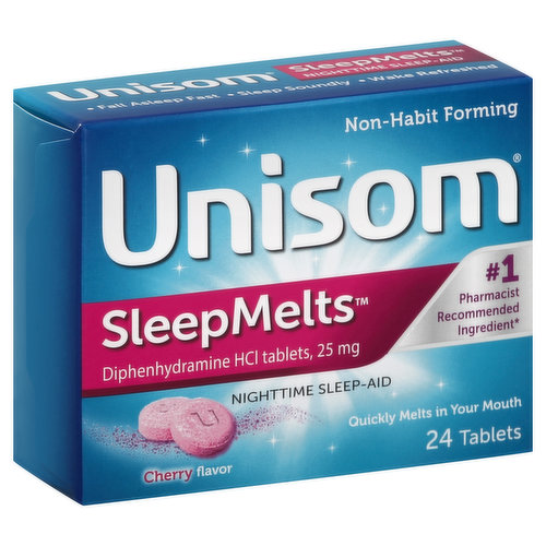 Misc: Diphenhydramine HCl tablets, 25 mg. Non-habit forming. No. 1 pharmacist recommended ingredient (Pharmacy Times - 2014 OTC survey). Quickly melts in your mouth. Fall asleep fast. Sleep soundly. Wake refreshed. This product contains diphenhydramine HCl. Unisom SleepTabs tablets contain doxylamine succinate. www.Unisom.com.