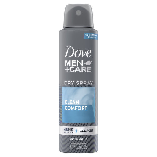 Other Information: Shake well before each use. Hold can 6 inches from the underarms. Spray to underarm to feel the difference. Tough on sweat not on skin. Non-irritant formula. 48 hr protection + comfort.  Aluminum chlorohydrate. Goes on instantly dry. Non-irritant antiperspirant formula. www.dovemencare.com. how2recycle.info. SmartLabel app enabled. Questions? Call toll-free 1-800-761-3683. PETA cruelty-free. Globally, dove does not test on animals.  Made in Mexico.
