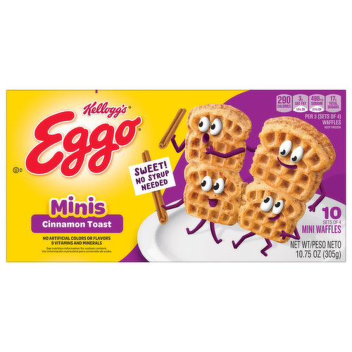 Sweet! No syrup needed. 10 sets of 4 mini waffles. How to Eggo (it's super easy). L'Eggo with Eggo. Eggo Waffles can't make kids get ready, but you know they'll enjoy a warm toasty breakfast. win-win.