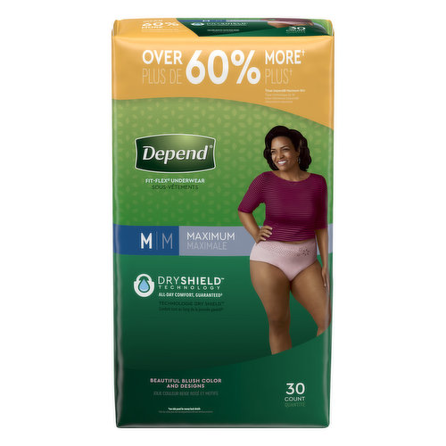 Over 60% more (than Depend Maximum 18 ct). Dryshield technology. Beautiful blush color and designs. Ready to experience the beautiful designs and trusted protection of Depend Fit-Flex underwear? 3 in 1 protection: maximum absorbency, odor control, and dryness. Soft, flexible fabric for a comfortable fit. SureFit waistband helps keep underwear in place. Form-fitting elastic strands for smooth, discreet fit. Size: M: Waist: 31-37 in. Pant Size: 8-16. Discard in trash. Dispose of properly.